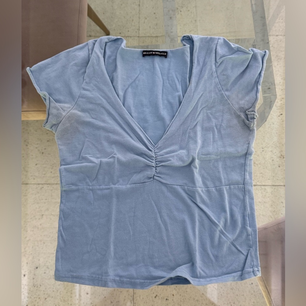 Brandy Melville Blue Ruched V-neck Tee